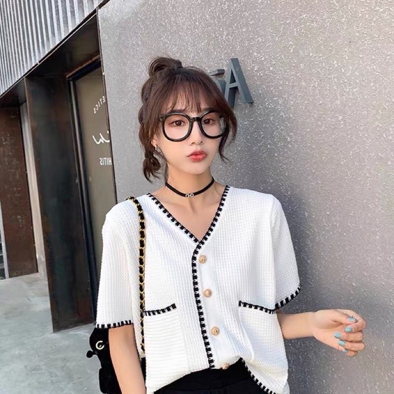 Áo len mỏng dài tay cổ tim kiểu cardigan viền cúc dọc