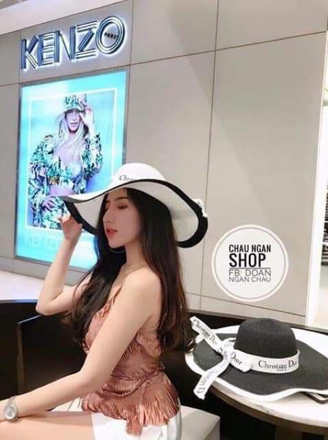 Mũ vành rộng đi biển trắng viền đen cao cấp đai Christian Dio siêu sang chảnh