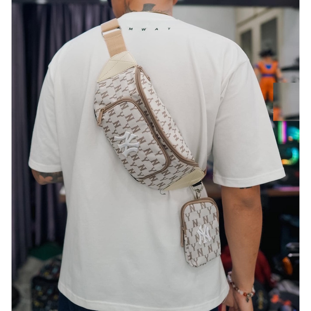 Túi Đeo Chéo, túi bao tử chữ NY màu kem vàng, MLB Monogram Color, hàng cao cấp