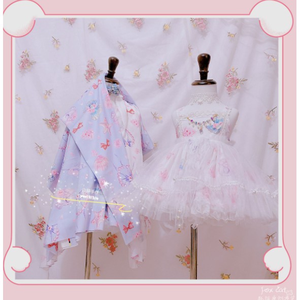 Vải print họa tiết sò may Lolita váy bèo công chúa trẻ em, vải may váy cho doll bjd
