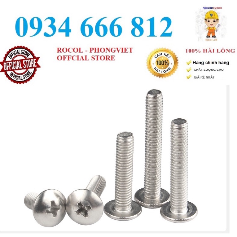 50c vít đầu dù thân bulong INOX 304 M3,M3X6, M3X8, M3X10, M3X12, M3X16, M3X20