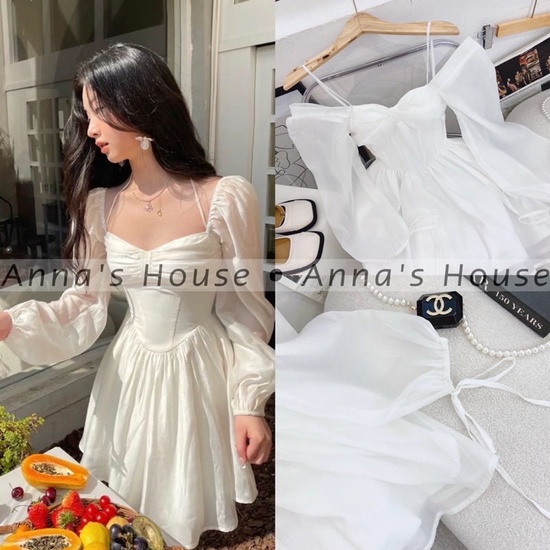 HÌNH THẬT - Đầm voan 2 dây rớt vai nơ ngực tay dài