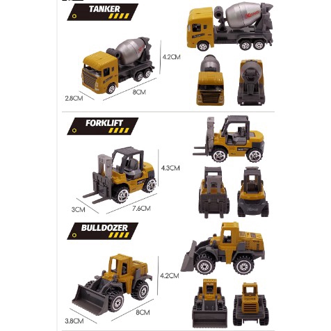 Bộ đồ chơi mô hình xe tải xe múc kim loại 6 trong 1 tỷ lệ 1:64 đẹp mắt