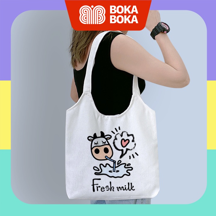 Túi Tote Bò Sữa Vải Canvas Quai Tròn Có Khóa Miệng Túi