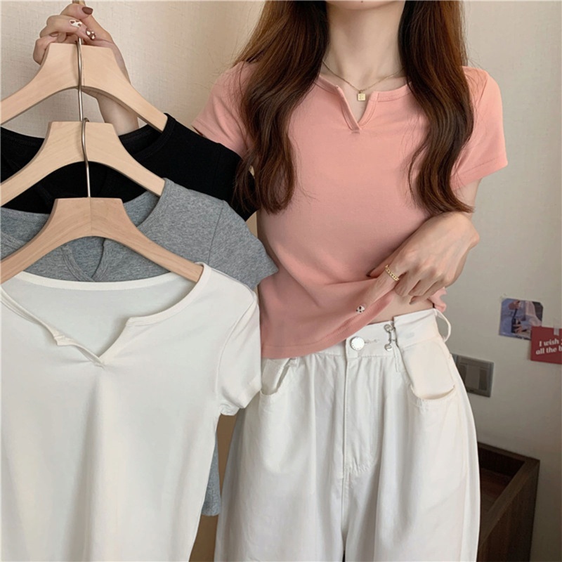 Áo Thun Crop Top Tay Ngắn Cổ Chữ V Màu Trơn Đơn Giản Thời Trang Mùa Hè Dành Cho Nữ