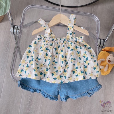 Set Đồ Mùa Hè 2 Món Gồm Áo Hai Dây In Hoa + Quần Ngắn Hàn Quốc Cho Bé Gái