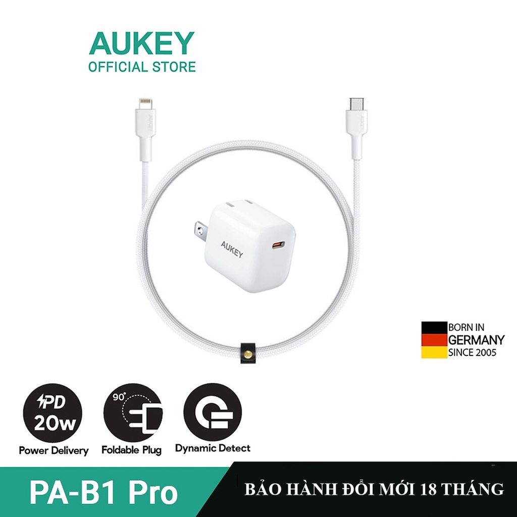Củ sạc nhanh 20w cho Aukey Pa-B1 Pro + Cáp sạc nhanh type C to Aukey CB-CL3 cho lP7/8/Xs/11/12/13