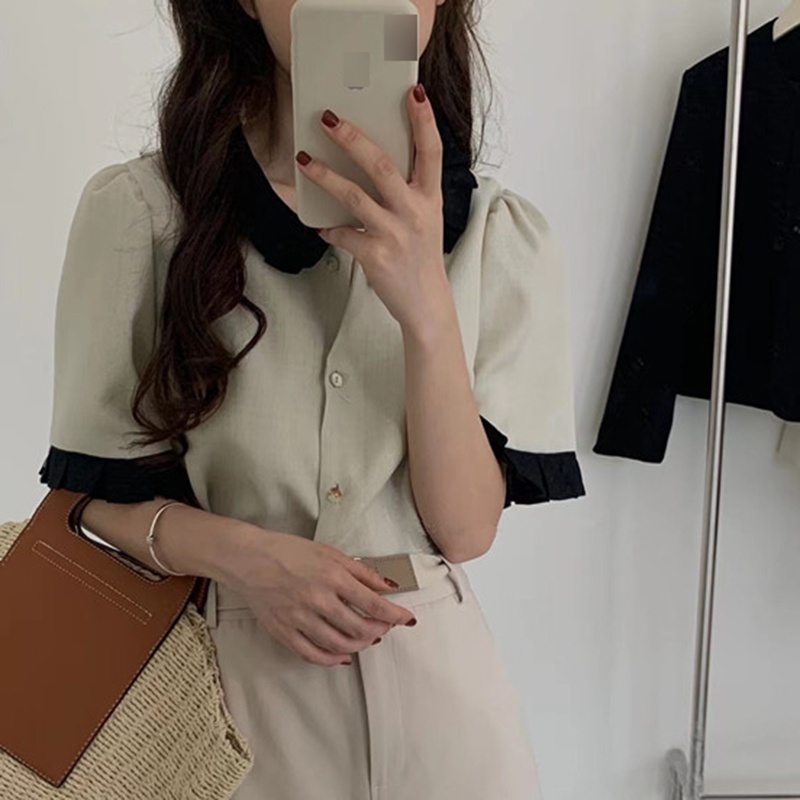 IELGY    Áo Sơ Mi Tay Ngắn Màu Xanh Dương Phong Cách Hàn Quốc Cho Nữ