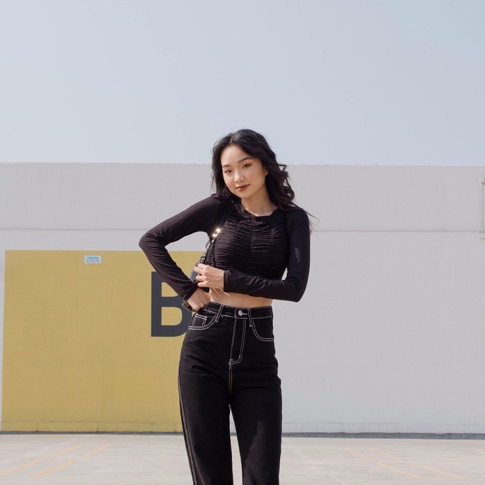 Áo croptop thun Mia Ritta nhún chun dài tay A1907 ảnh thật feedback