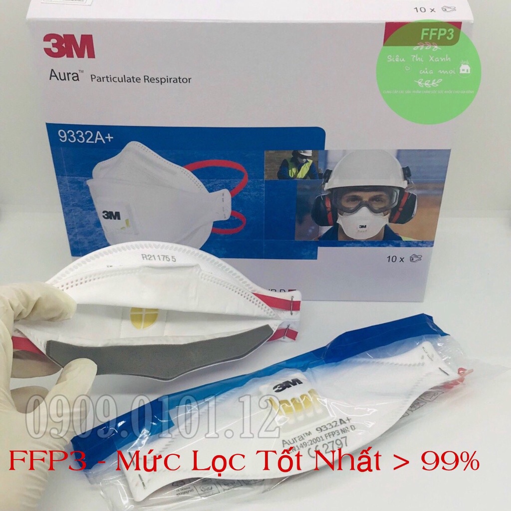 Khẩu trang 3m 9332a+ chính hãng hộp 10 cái có van thở đệm mũi tiệt trùng đạt chuẩn AS/NZS FFP3, N95 3m 9320a+ cao cấp