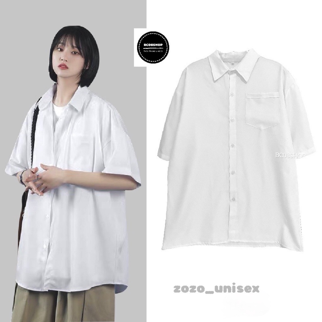 Áo Sơ Mi Trắng Tay Lỡ Có Túi basic Unisex chất vải lụa mềm mịn form rộng ZOZO_UNISEX