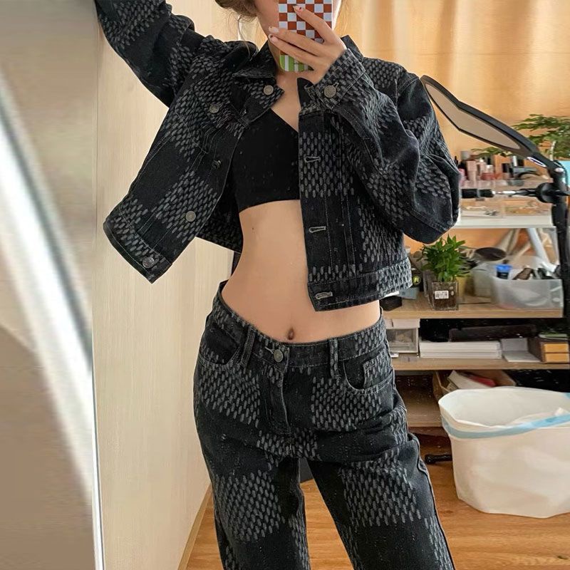 Set Áo Khoác Denim + Quần Dài Lưng Cao Ống Đứng Họa Tiết Sọc Caro Phong Cách Mỹ Thời Trang Mùa Thu Cho Nữ