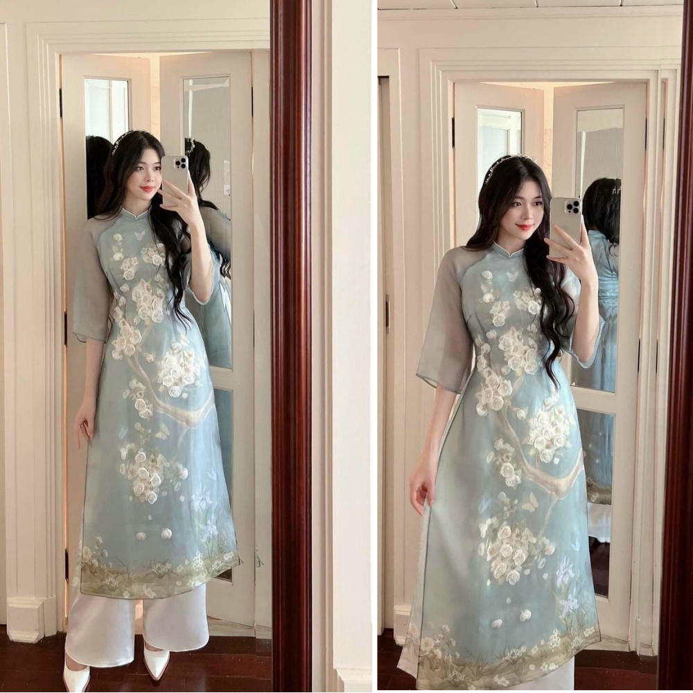 Áo Dài Cách Tân Nữ Xanh Ngọc Đào 4 Tà Đính Kết Nổi Cao Cấp