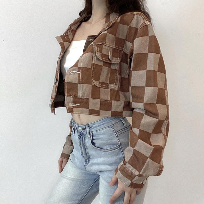 Áo Khoác denim Lưng Cao Dáng Rộng Ngắn Họa Tiết Kẻ Sọc Màu Sắc Tương Phản Thời Trang Cho Nữ