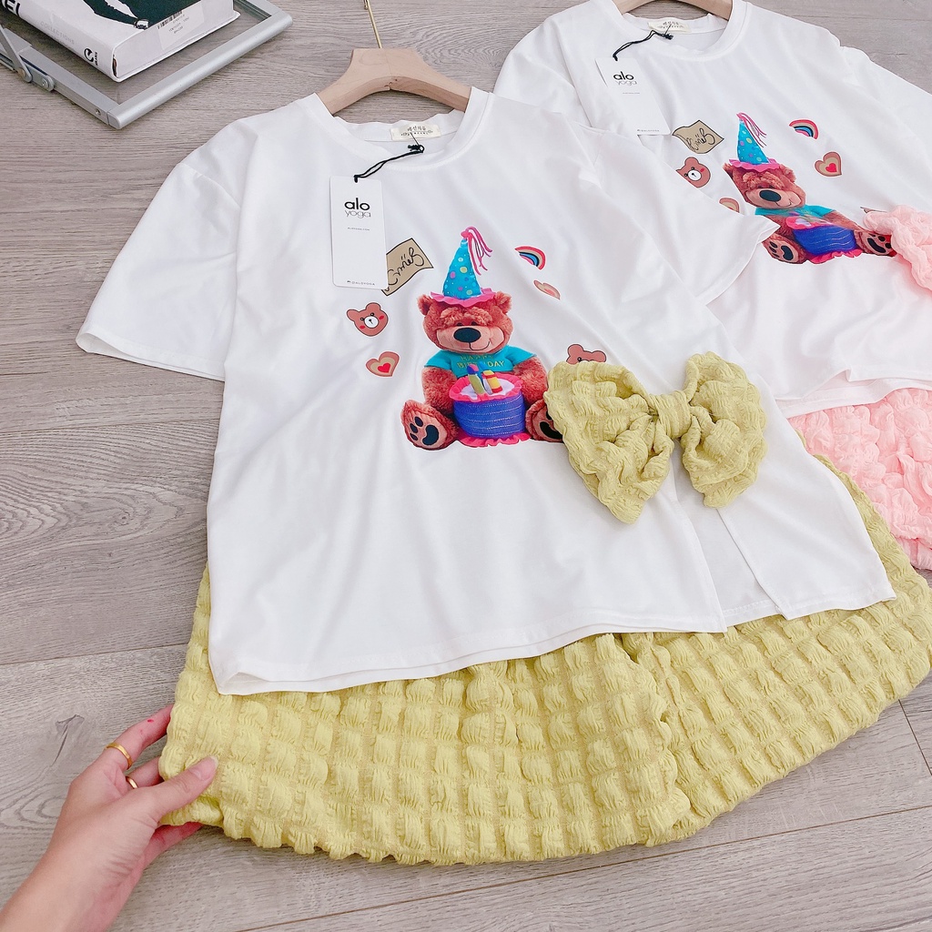 Set bộ áo phông gấu nơ mix quần đùi xốp nổi Bn266
