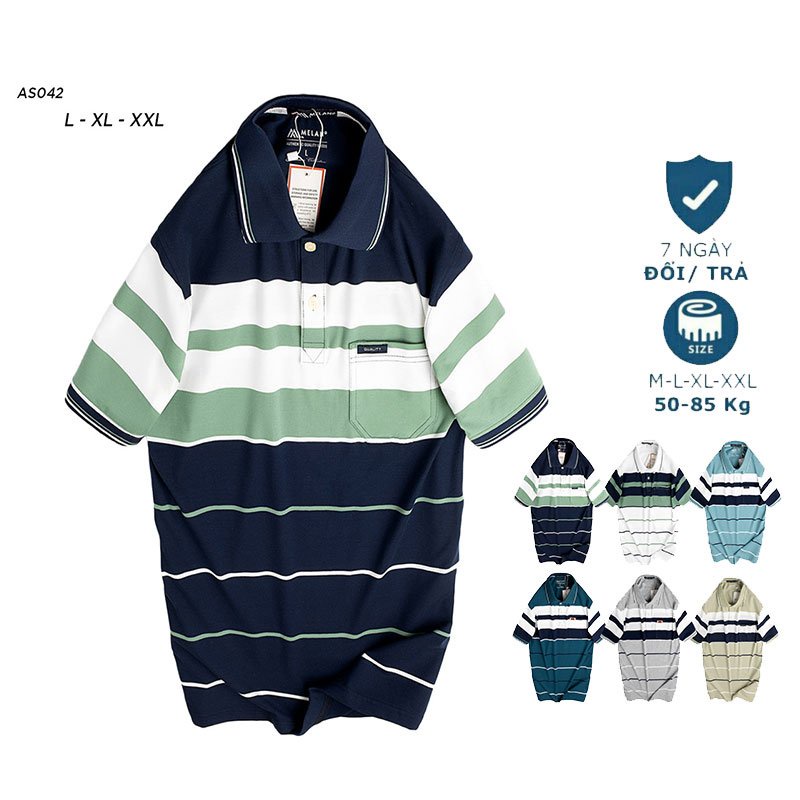 Áo Thun Polo nam trung niên có túi phối sọc vải cá sấu Cotton xuất xịn chuẩn form,sang trọng-lịch lãm- áo thun big size