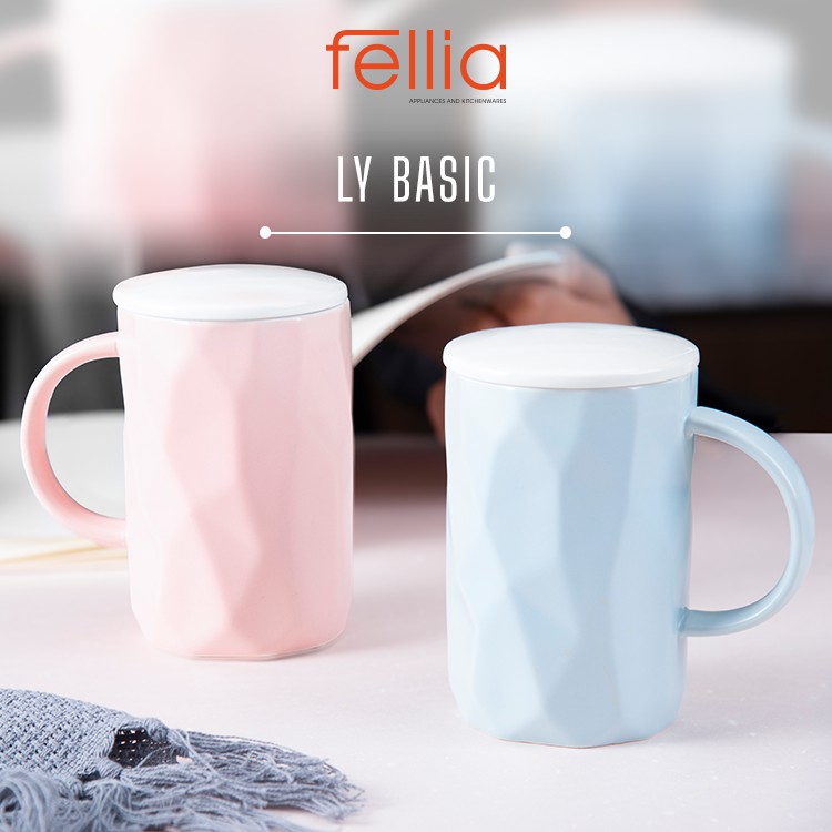 Ly sứ basic Fellia cao cấp có nắp đậy chống bụi_400ml tặng muỗng