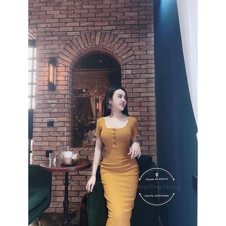 Đầm body nữ váy body cổ vuông tay ngắn phối cúc ngực sexy hàng thiết kế | BigBuy360 - bigbuy360.vn