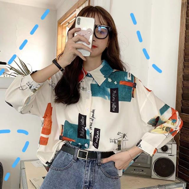 Áo sơ mi họa tiết oversize, áo sơ mi nữ, áo sơ mi tay dài, áo sơ mi, áo  kiểu | Shopee Việt Nam