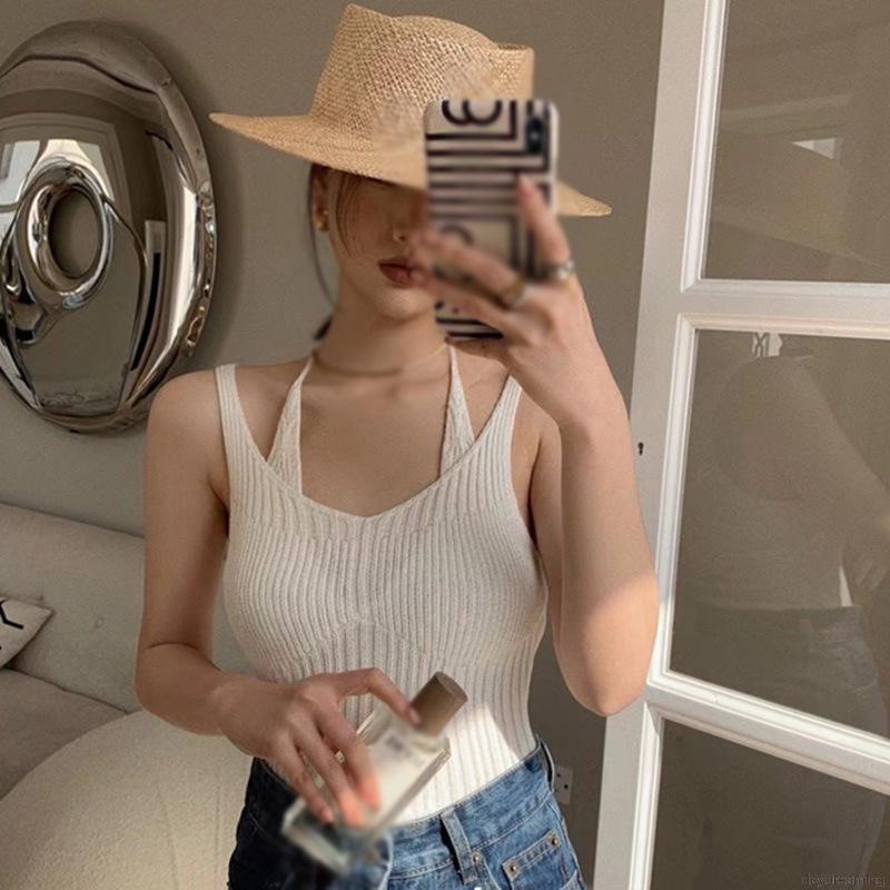 Áo Tank Top Dệt Kim Hai Dây Màu Trơn Dáng Ôm Gợi Cảm Cho Nữ