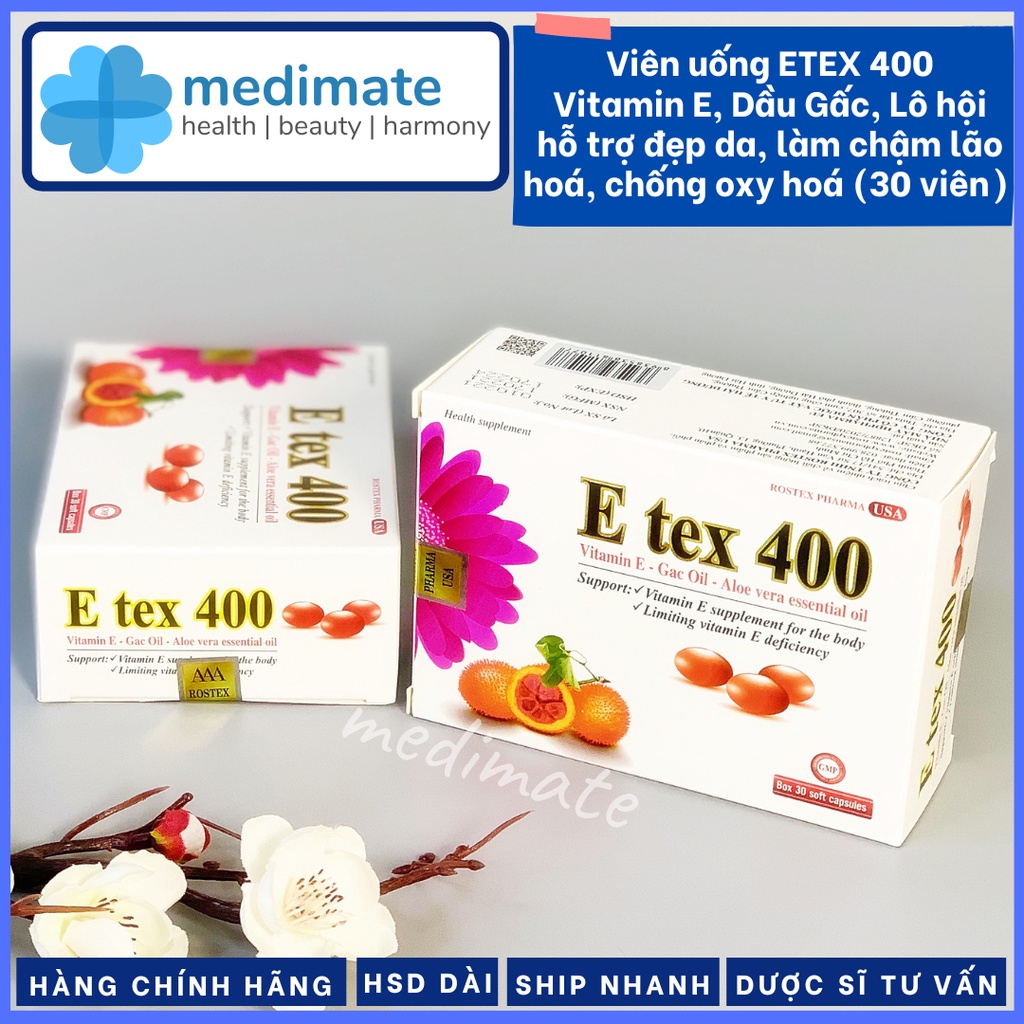 Viên uống Vitamin E E TEX 400 với Dầu Gấc, Lô hội giúp đẹp da, hạn chế lão hóa da, chống oxy hóa (Hộp 30 viên)