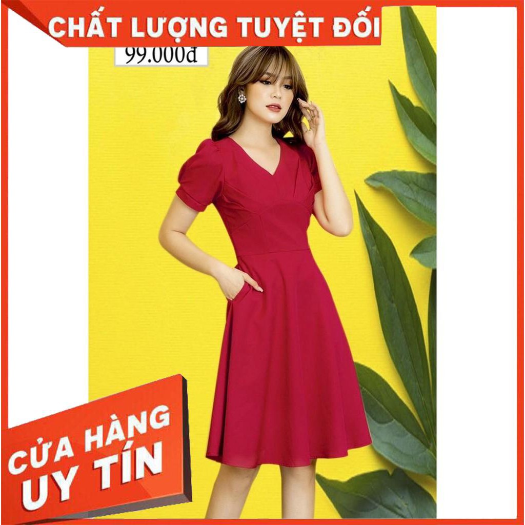 ĐẦM CỔ V DÁNG XÒE ÔM EO CÓ TÚI TAY NGẮN PHỒNG - XƯỞNG MAY 99K