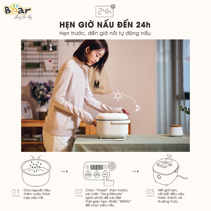 Nồi cơm điện mini Bear DFB-B20A1 dung tích 2L công suất 350W, 8 chế độ nấu thông minh giữ ấm 24h - KitchenMart | BigBuy360 - bigbuy360.vn