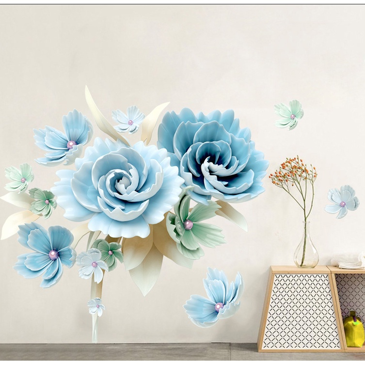 Decal giấy dán tường - mẫu Hoa mẫu đơn xanh bích sang trọng nhẹ nhàng ( 2 tấm )