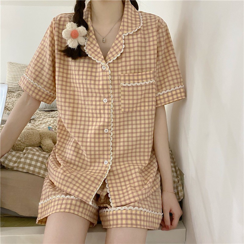 Đồ ngủ pijama kẻ caro Hàn Quốc cộc tay cotton dễ thương