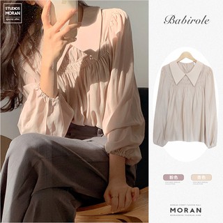 (ORDER) Áo sơ mi nữ MORAN cổ bẻ dài tay xếp ly nhăn trước ngực vải voan sang trọng thanh lịch