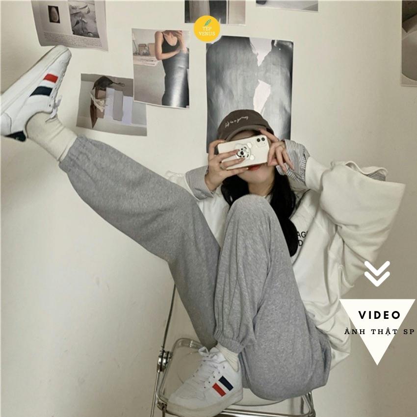 Quần Jogger Nỉ Nữ Thêu Mặt Cười Quần Ống Rộng Bo Gấu Chất Nỉ Dày Dặn Tep Venus