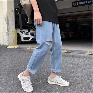 Quần jean baggy xanh nam, nữ ống rộng rách gấu, dáng suông, không phai màu-R01