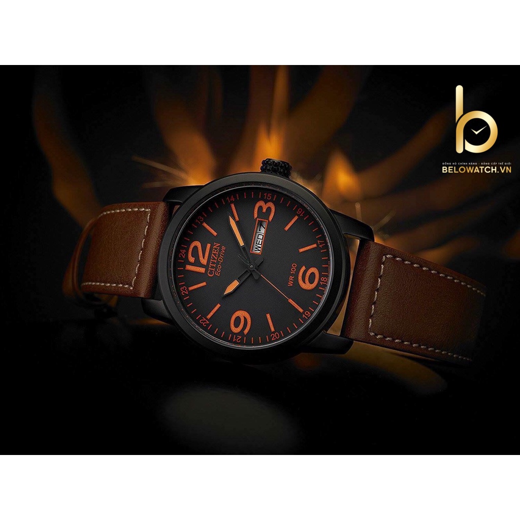 Đồng Hồ Nam Citizen BM8475-26E Eco-Drive  Dây Da Vỏ Đen Cọc Số Cam Dạ Quang