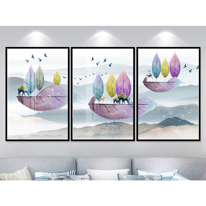 Tranh Laminate Tráng Gương - Tranh Treo Tường Phòng Khách Tuần Lộc Và Núi (Bộ 3 tấm)