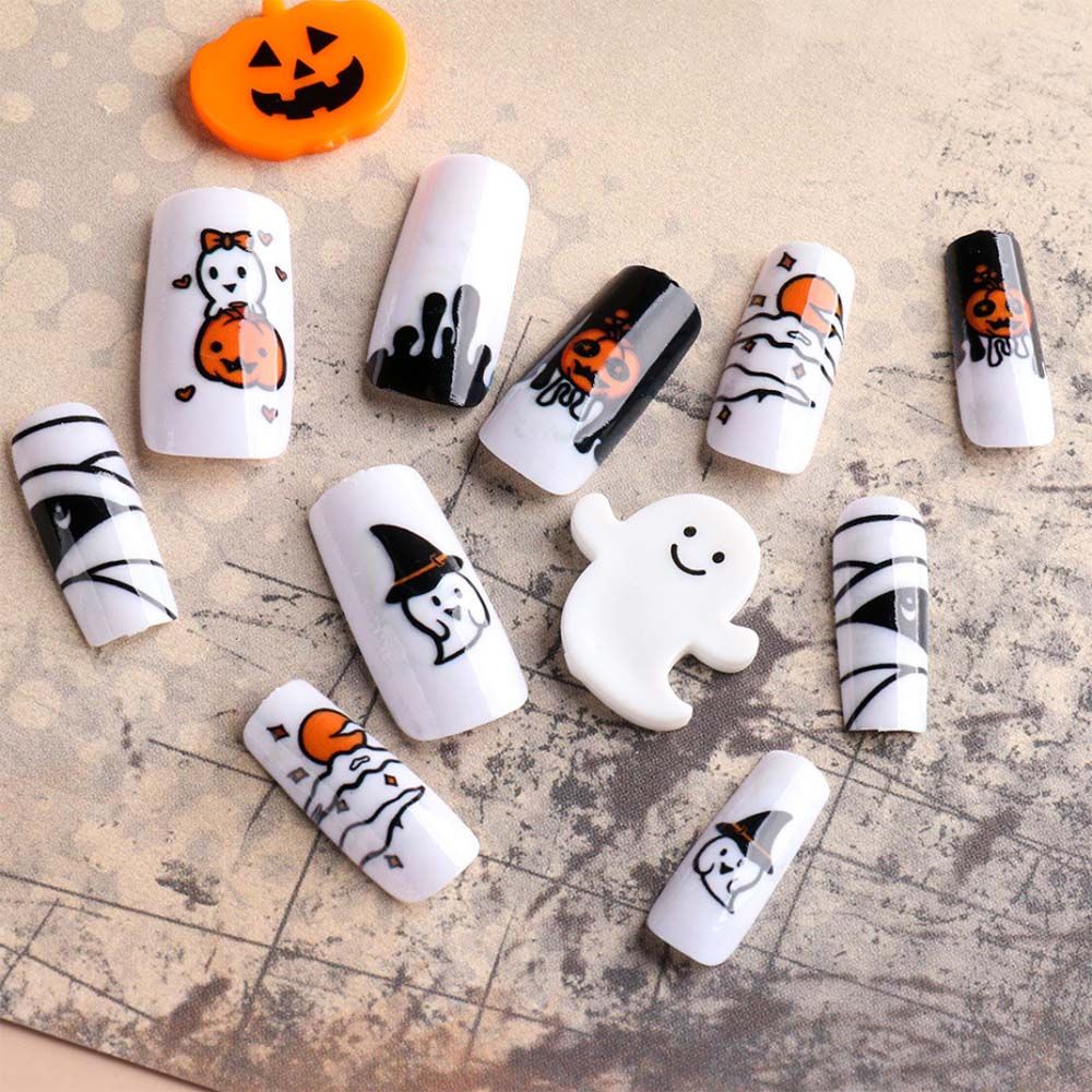 Bộ móng tay giả dáng dài che hết móng tự nhiên họa tiết nhện/bí ngô Halloween trang trí móng tay nghệ thuật