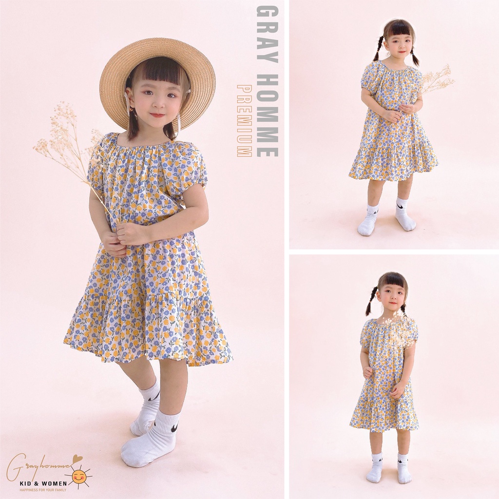 Váy bé gái GRAYHOMME họa tiết hoa nhí, dáng rộng, chất Thô cotton thoáng mát thấm hút mồ hôi tốt (VK001)