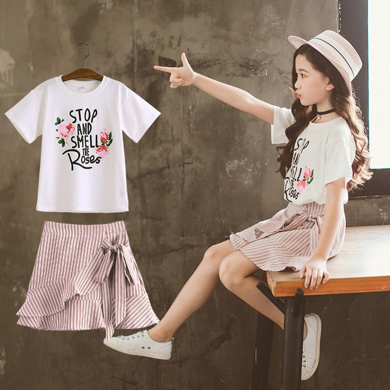 Bộ Áo Thun In Hoa + Chân Váy Cotton Thời Trang Hè 2022 Mới Cho Bé Gái 4-12 Tuổi