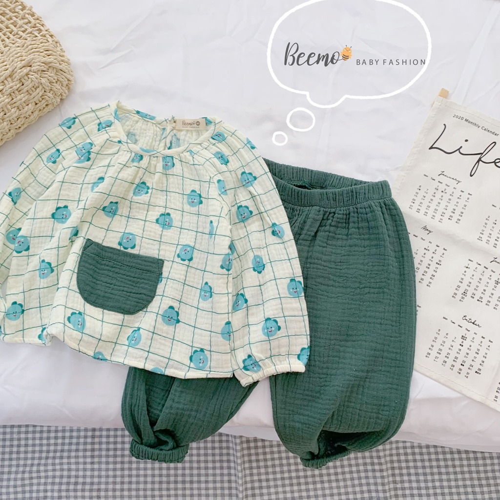 Set bộ đồ Beemo cho bé gái vải xô cotton phối túi trước in hình đáng yêu 2 màu từ 1 đến 6 tuổi 22140B1