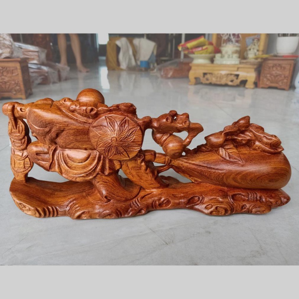 Tượng Phật Di Lặc Kéo Bao Tiền thu hút tài lộc Gỗ hương ngang 40cm