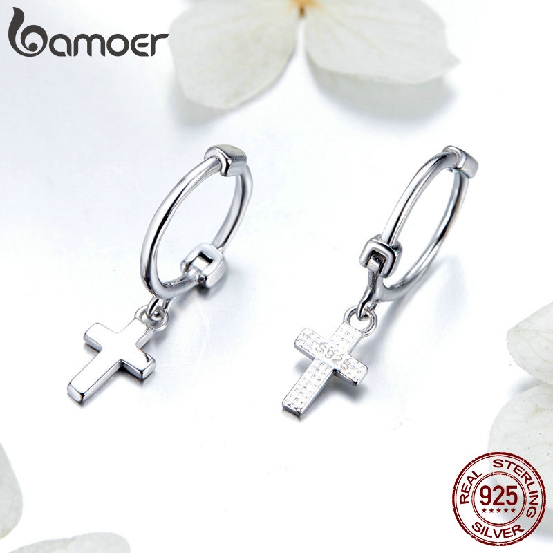 Khuyên tai BAMOER SCE547 hình thánh giá bằng bạc 925 thời trang cho nữ