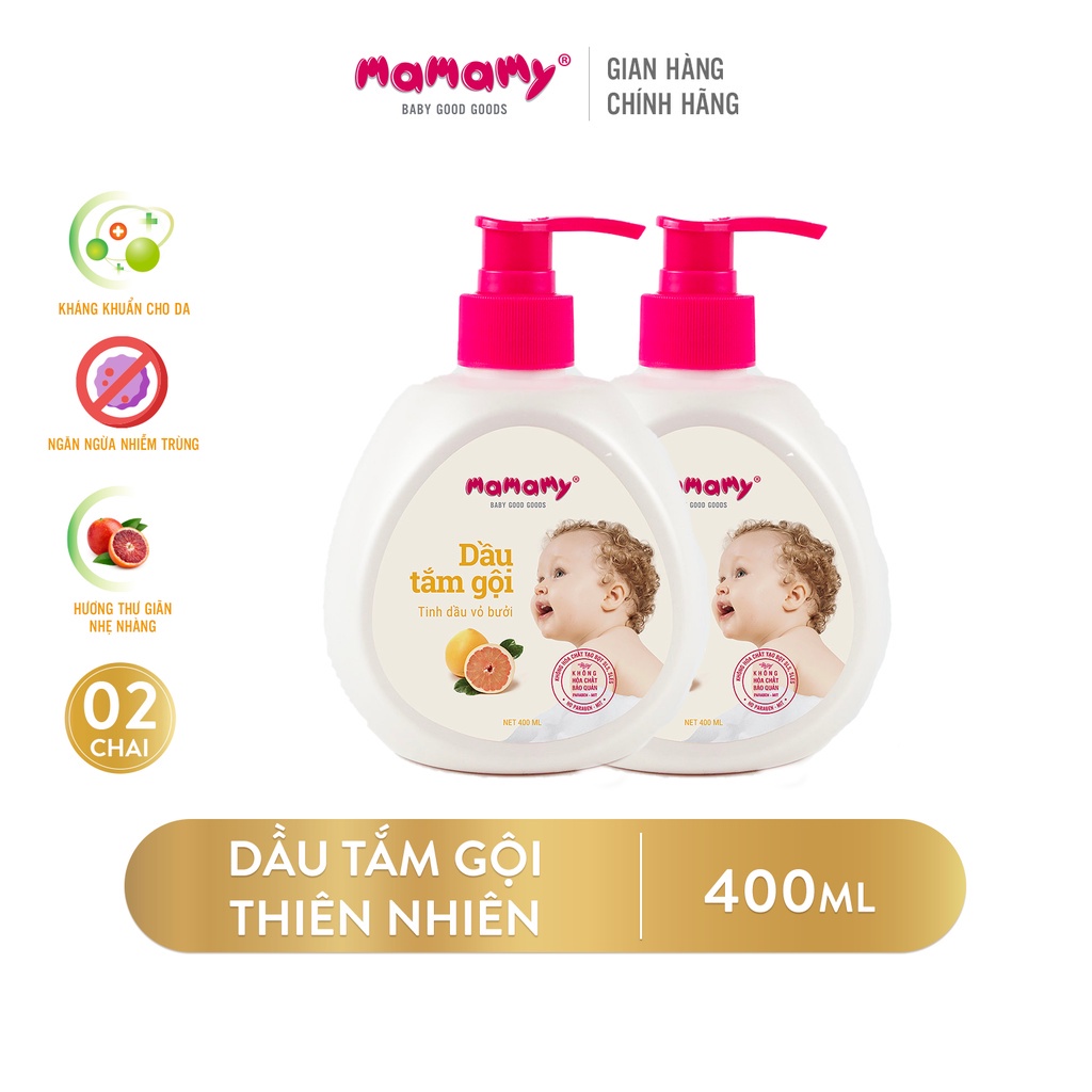 Combo 2 Dầu tắm gội kháng khuẩn và ngừa hăm - rôm sảy Mamamy tinh dầu vỏ bưởi/ tinh dầu tía tô đất 400ml