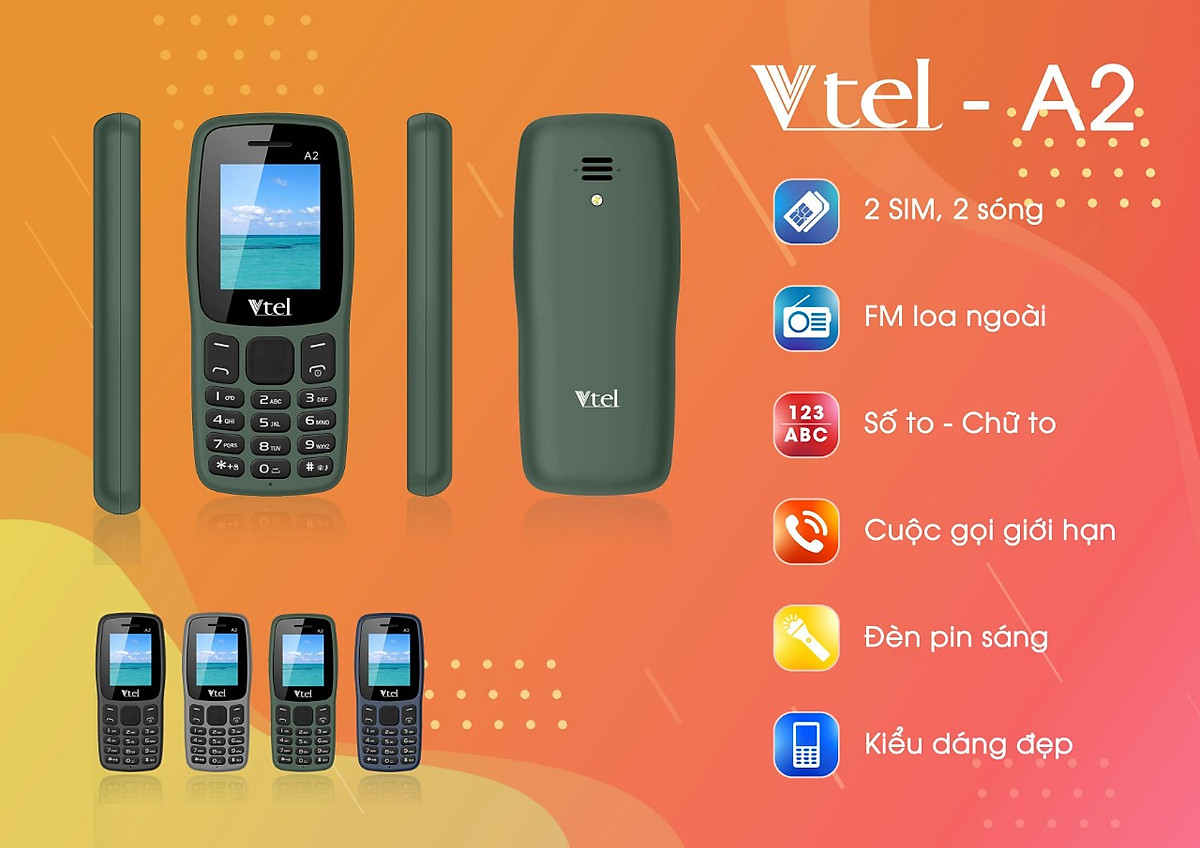 Điện thoại di động GSM Vtel A2 (Màu Vàng) – Hàng chính hãng CHINH HANG