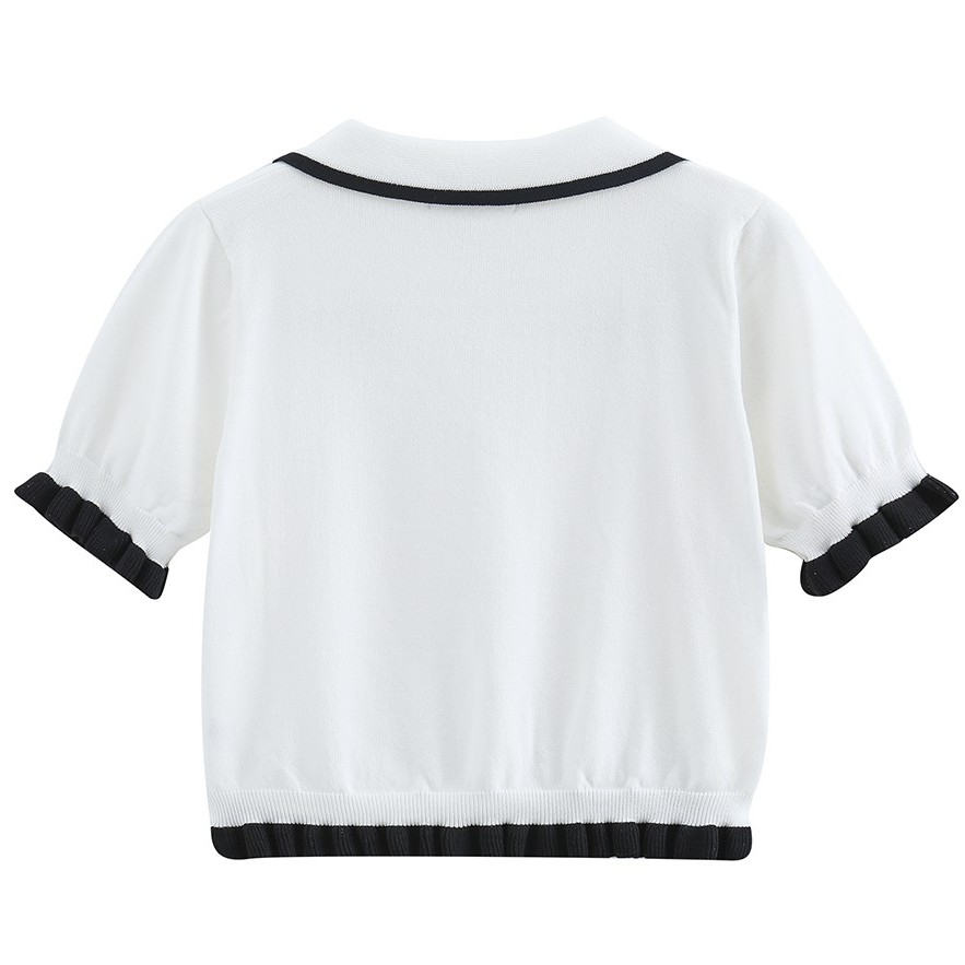 Blouse Sweet beauty Maiden Hit the color Ruffle Black and white Knitted top
