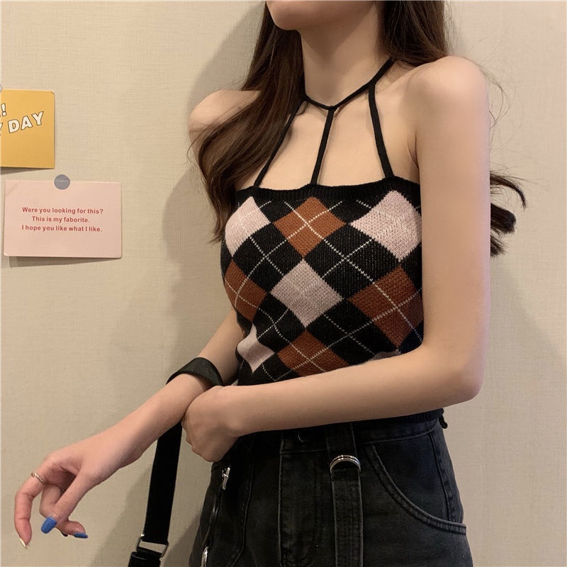 Áo sát nách nữ dáng ngắn họa tiết caro cổ điển thời trang mới mùa hè