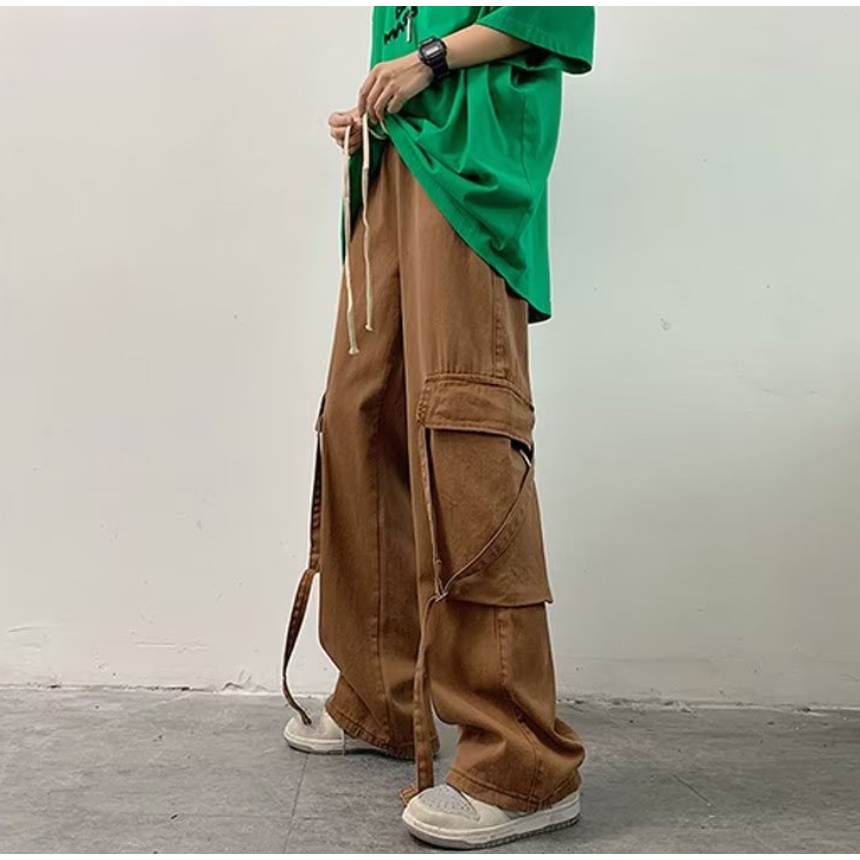 Quần ống rộng Có Túi Thời Trang Nam Nữ Quần Yếm hiphop Màu màu xanh lá couple Lưng Cao Ống Rộng Phong Cách Retro nam