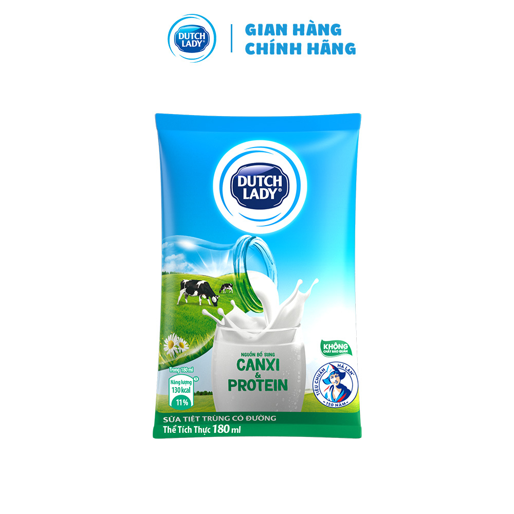 Thùng 24 Bịch Sữa Tươi Tiệt Trùng Có Đường Dutch Lady Canxi & Protein 180ml (24x180ml)