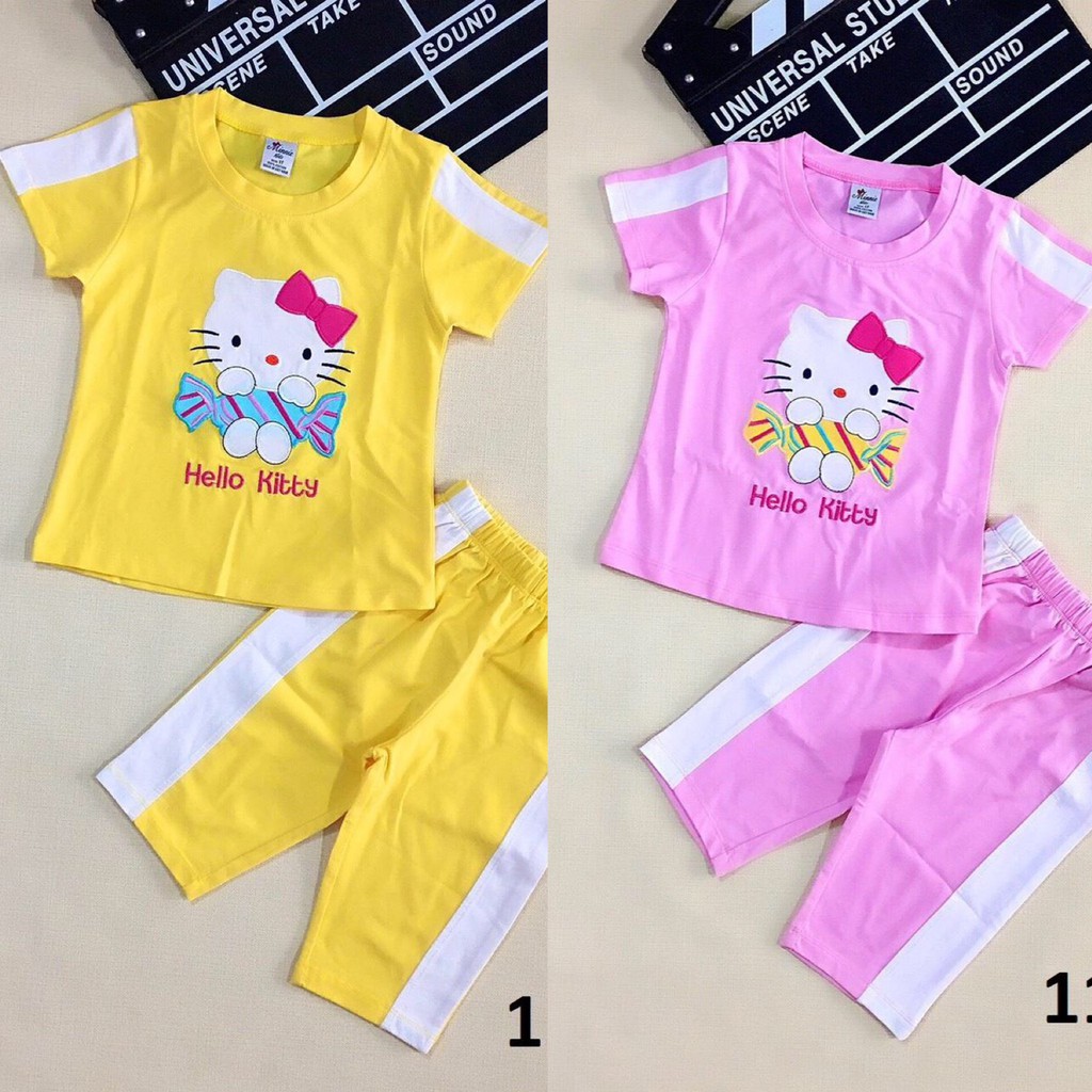 SIZE 1-7 (10-21kg) ĐỒ BỘ BÉ GÁI ÁO TAY NGẮN QUẦN LỬNG THUN COTTON IN HÌNH HELLO KITTY