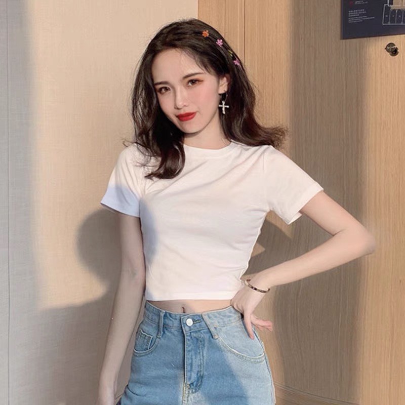 Áo Croptop Nữ Trơn Form ôm - Áo Thun Nữ 2 Màu Đen Trắng Ulzzang