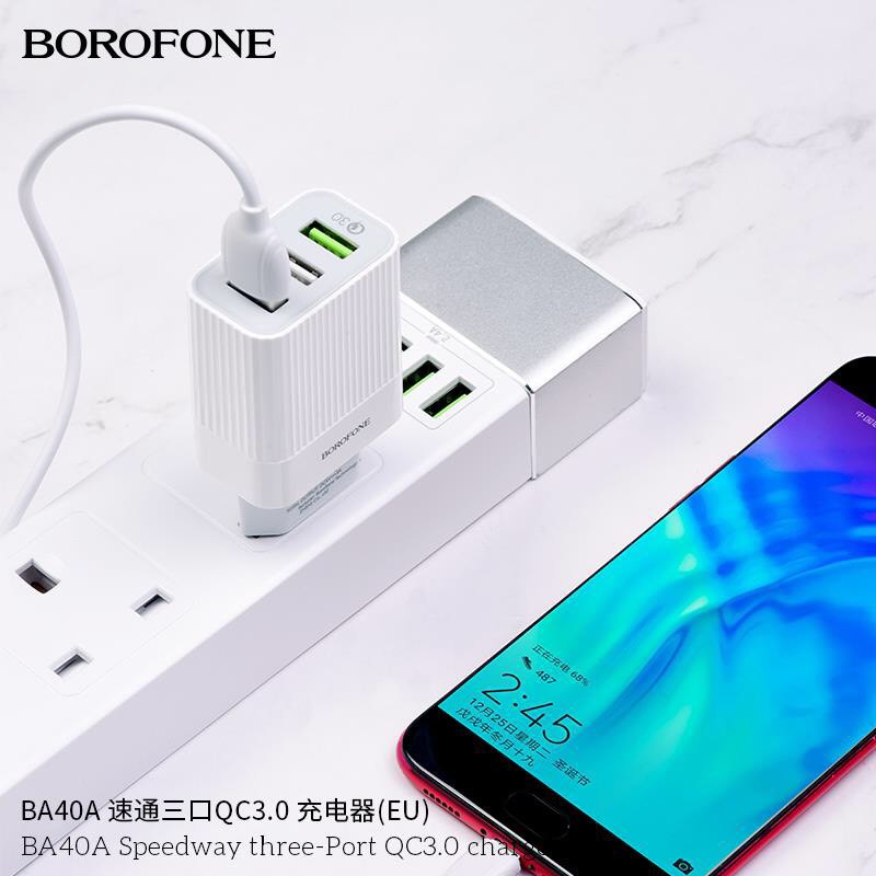 Cốc/Củ sạc nhanh QC 3.0 BOROFONE BA40A 3 cổng USB chính hãng, hỗ trợ sạc nhanh tối đa 18W