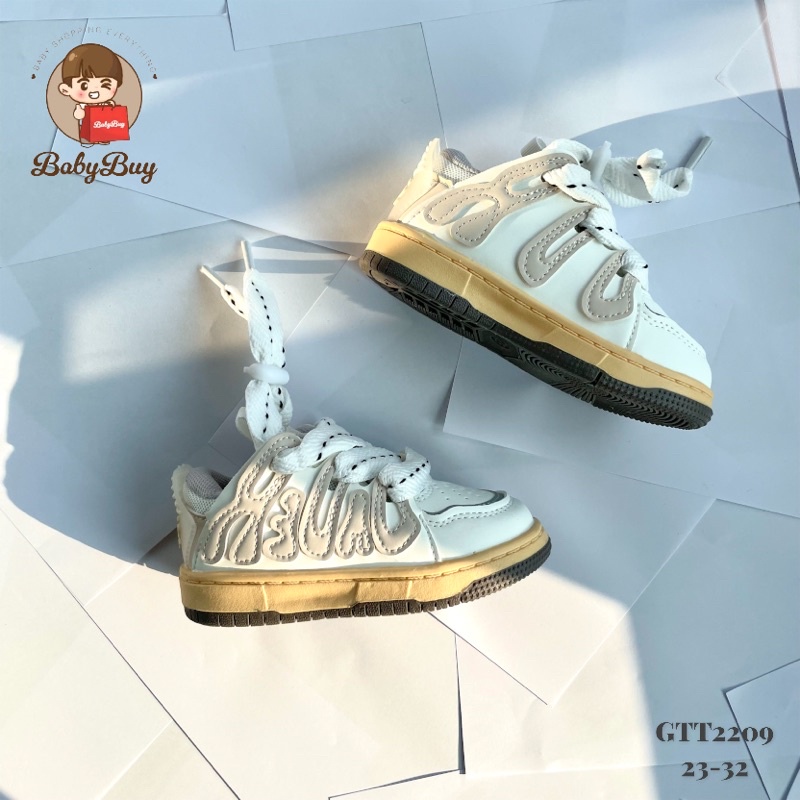 GIÀY THỂ THAO CHO BÉ , GIÀY SNEAKER BÉ TRAI VÀ BÉ GÁI (CHỮ BUỘC DÂY TRẮNG KEM)